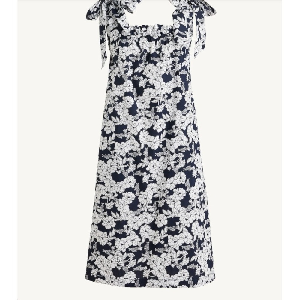 J.Crew Tie-Shoulder Cotton Poplin Magnolia Floral Midi Dress Navy White Large